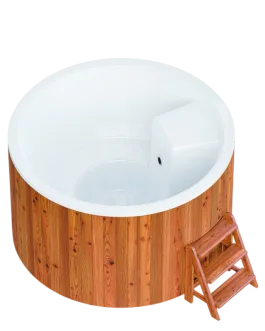 Bain nordique électrique Elite 180 avec habillage bois thermo-traité et escalier
