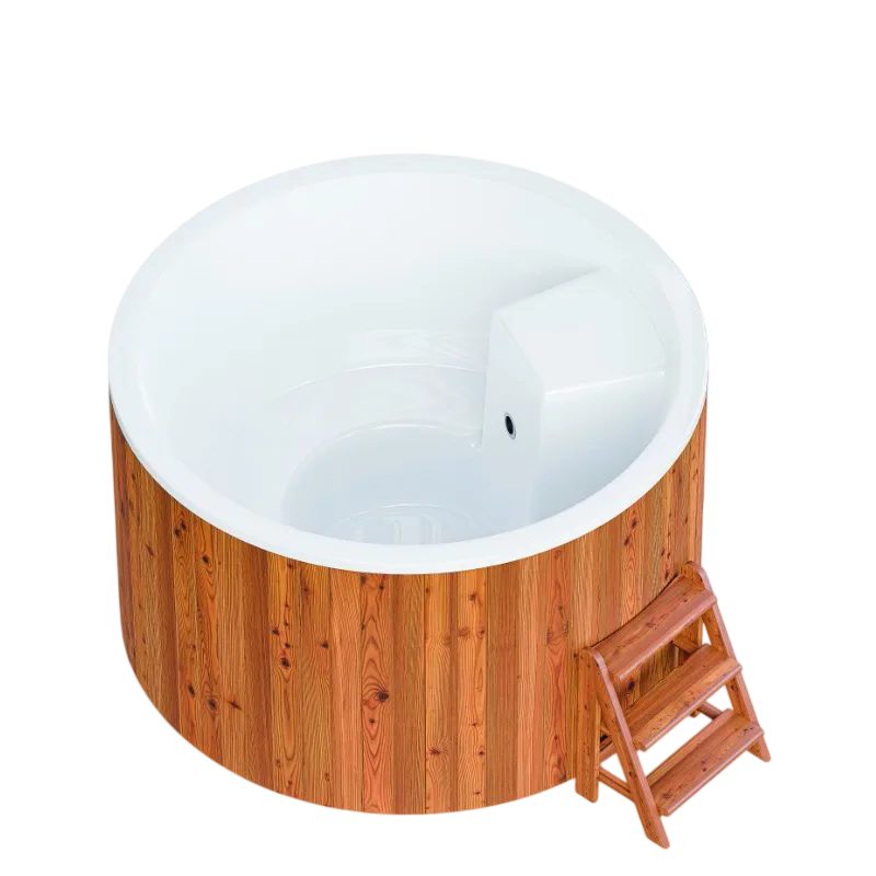 Bain nordique électrique Elite 180 avec habillage bois thermo-traité et escalier