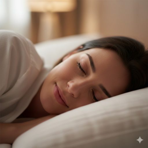 Femme dormant paisiblement après une séance de bain nordique pour illustrer le sommeil profond.