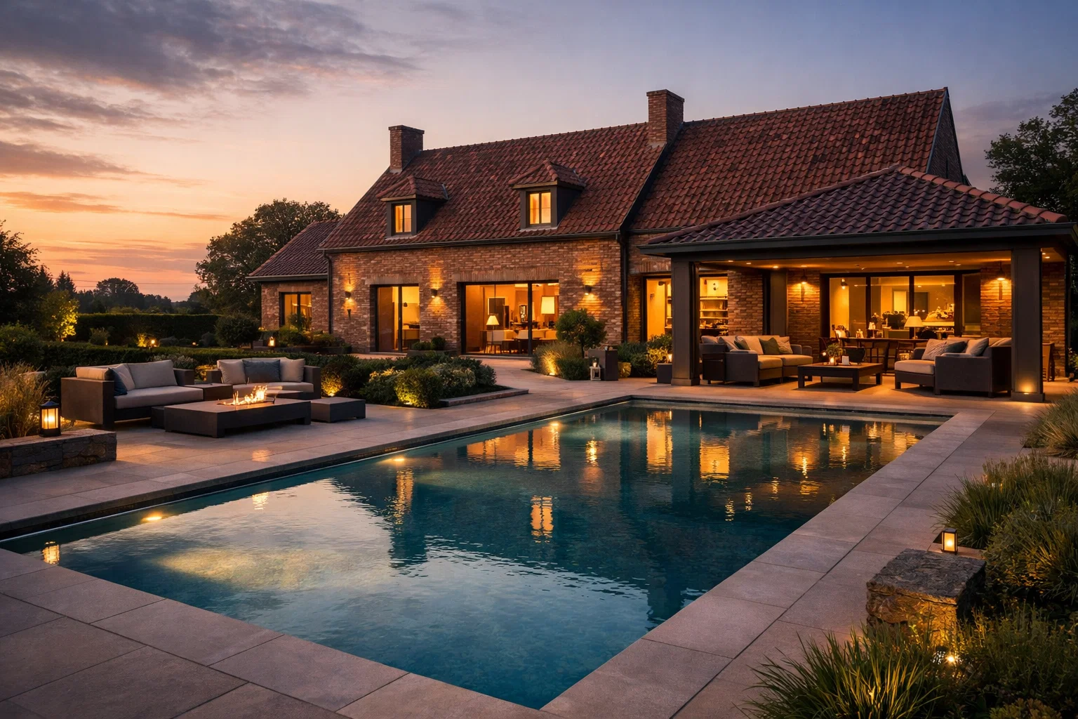 Piscine coque avec éclairage intégré dans un jardin de maison en briques avec terrasse couverte dans les Hauts-de-France