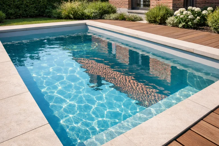 Vue rapprochée d'une piscine rectangulaire moderne avec une eau d'un bleu cristallin, entourée de margelles en pierre et d'une terrasse en bois de qualité, avec des massifs de fleurs en arrière-plan.