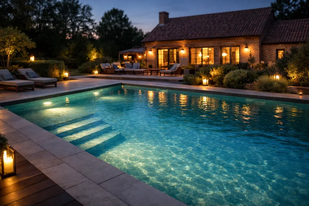 Pisciniste Nord et Pas-de-Calais : piscine rectangulaire avec escalier immergé et éclairage intégré dans un jardin avec maison en briques dans le Nord de la France