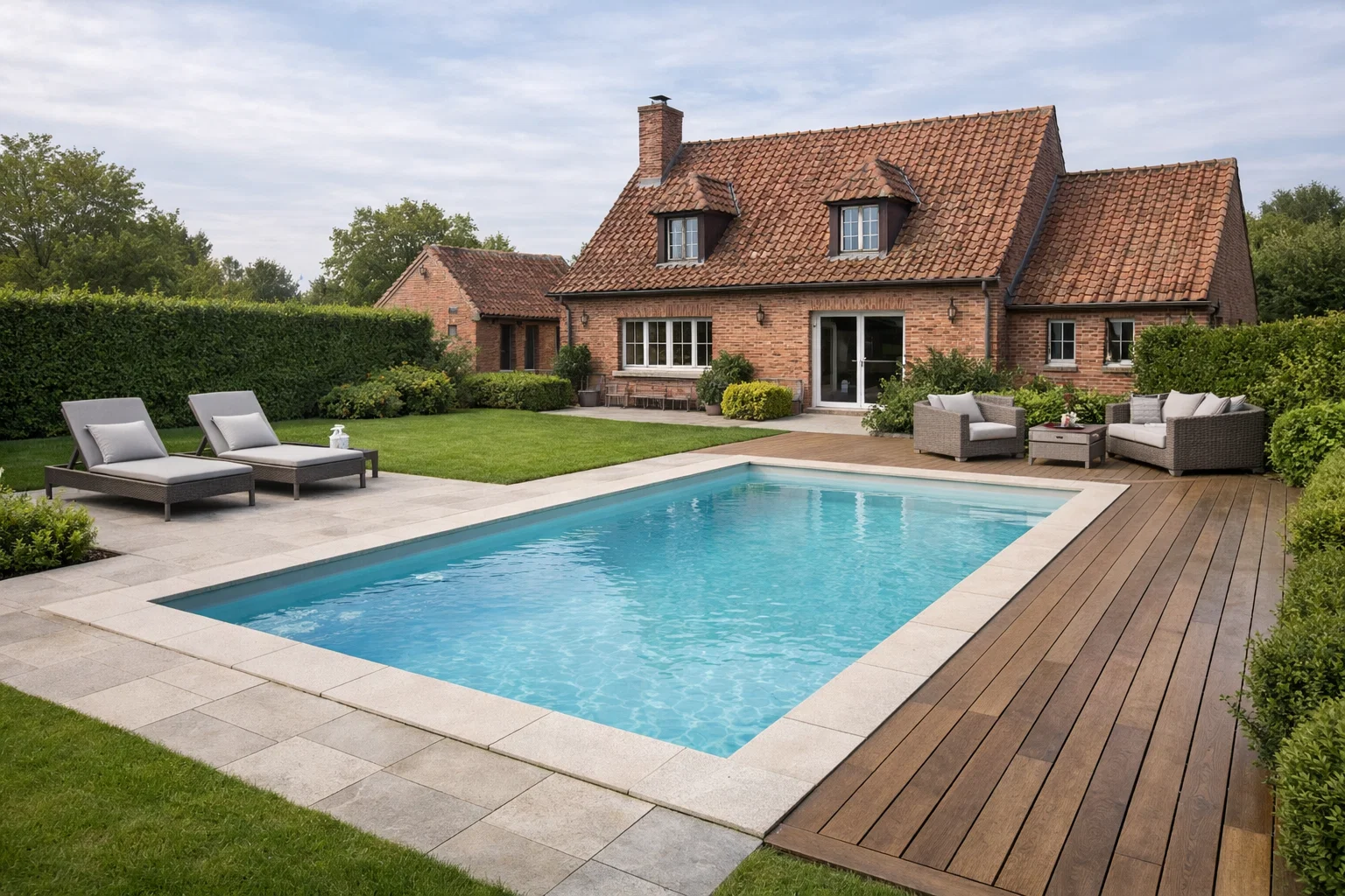 Piscine coque XL enterrée moderne avec terrasse en bois et pierre devant une maison traditionnelle en briques dans les Hauts-de-France.