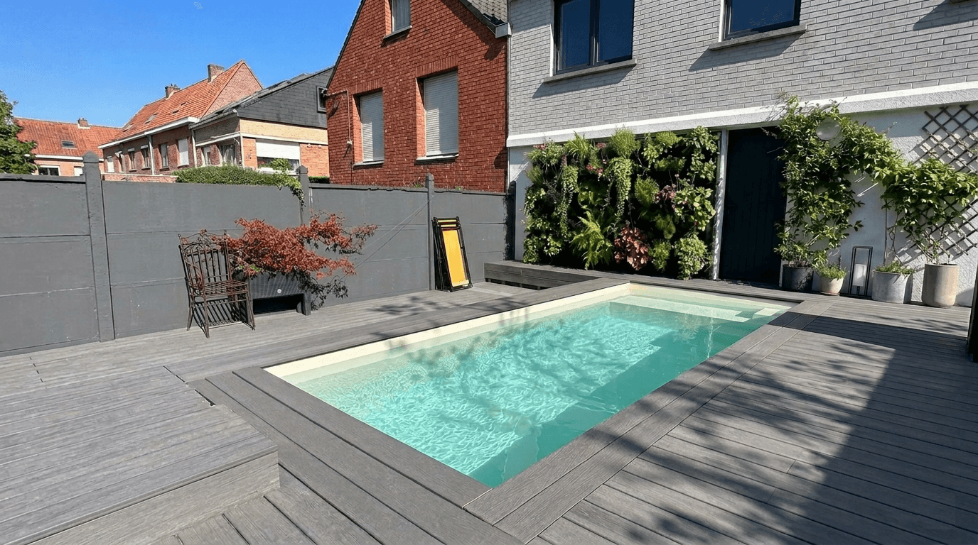 Vue d'ensemble d'une mini piscine coque blanche installée dans une terrasse composite grise avec mur végétal à Marcq-en-Barœul.