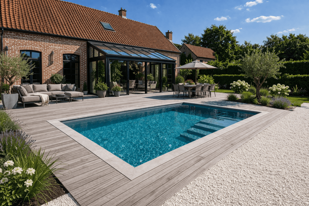 Piscine coque contemporaine avec escalier intégré devant maison en brique du Hainaut avec véranda et terrasse bois
