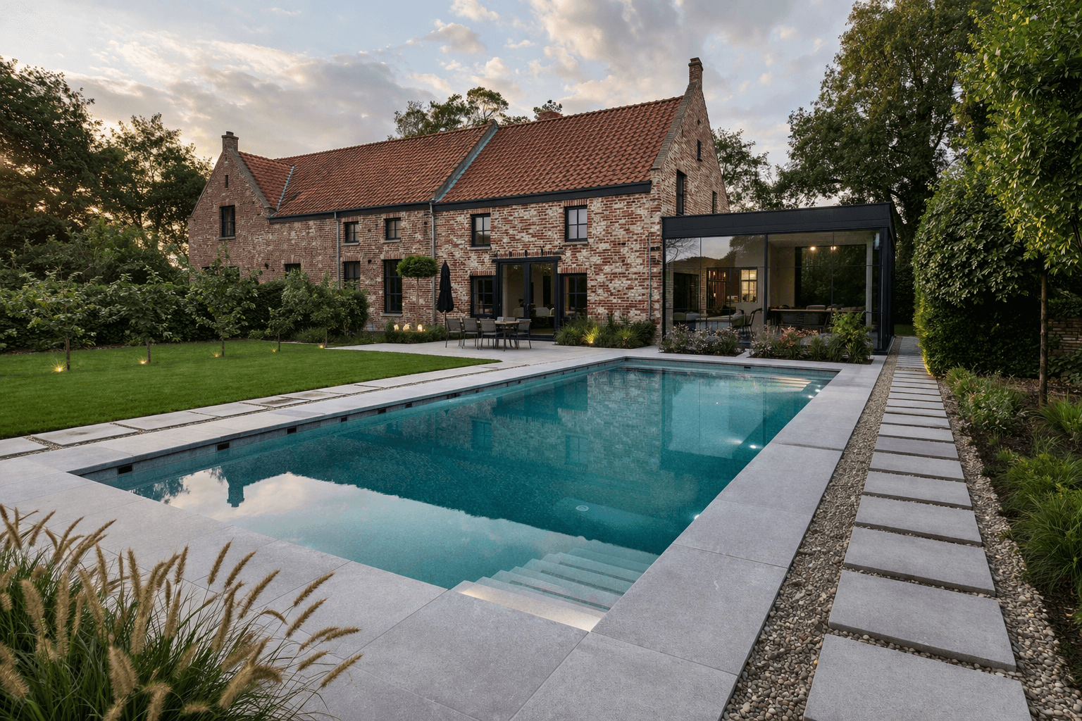Piscine coque contemporaine avec escalier intégré et margelles en pierre devant une maison typique du Hainaut belge. Pisciniste Hainaut.