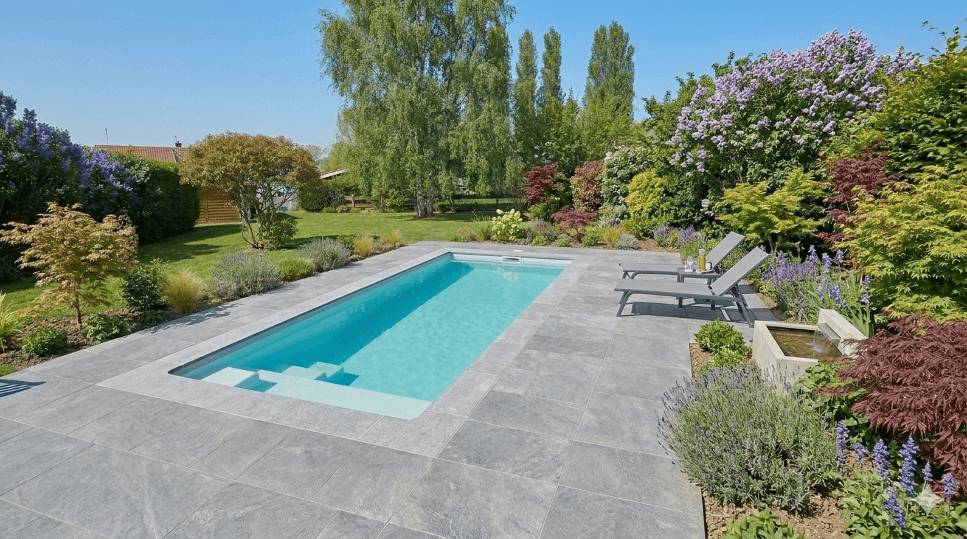 Vue finale d'une piscine Mini Couloir à Caudry avec des margelles grises, une terrasse en pierre et un jardin paysager arboré de lilas et de maples.